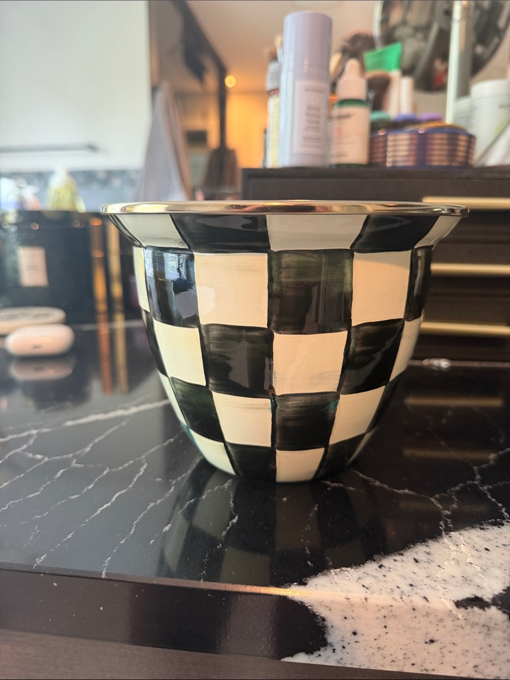 MacKenzie-Childs Black and Cream Checkered Ceramic Planter